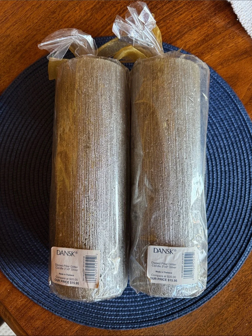 NWT Dansk Dipped Silver Glitter Pillar Candle Pair with Ribbon